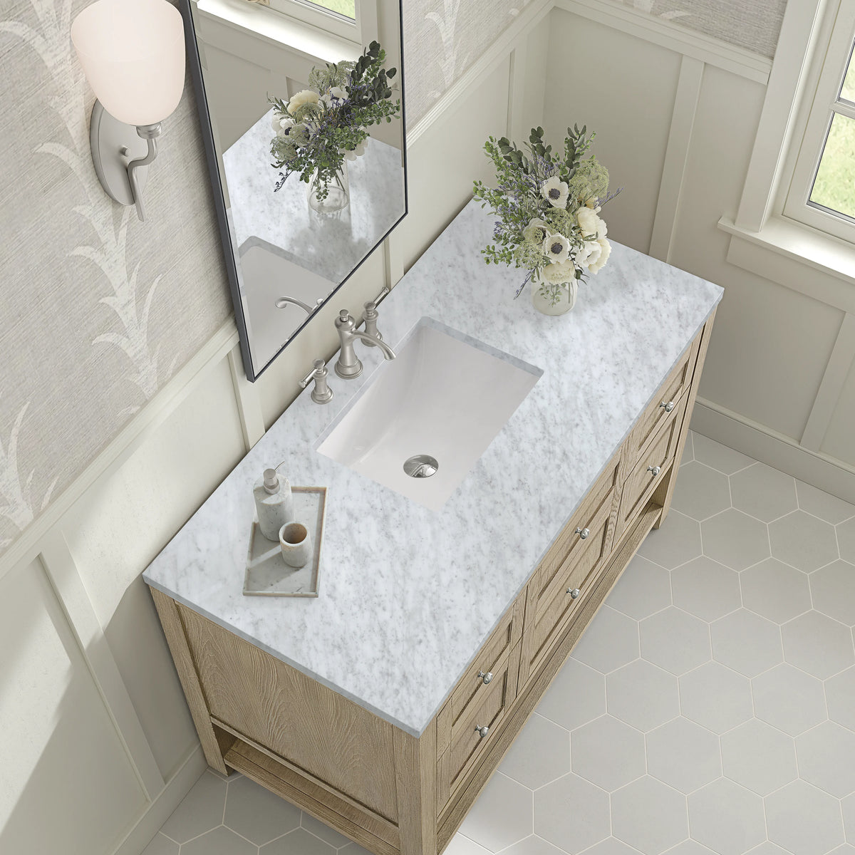 Breckenridge 48" Single Vanity, Whitewashed Oak w/ 3 CM Carrara White Marble Top, view 7