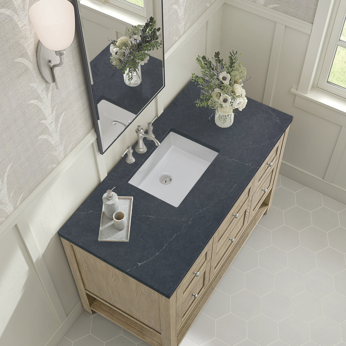 Breckenridge 48" Single Vanity, Whitewashed Oak w/ 3 CM Charcoal Soapstone Silestone Top, view 7