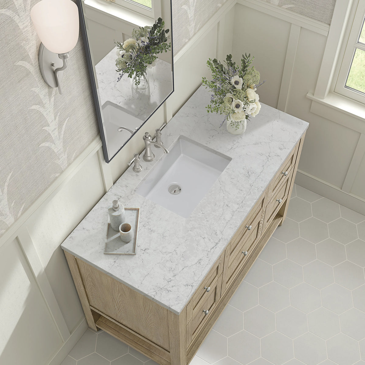 Breckenridge 48" Single Vanity, Whitewashed Oak w/ 3 CM Eternal Jasmine Pearl Silestone Top, view 7