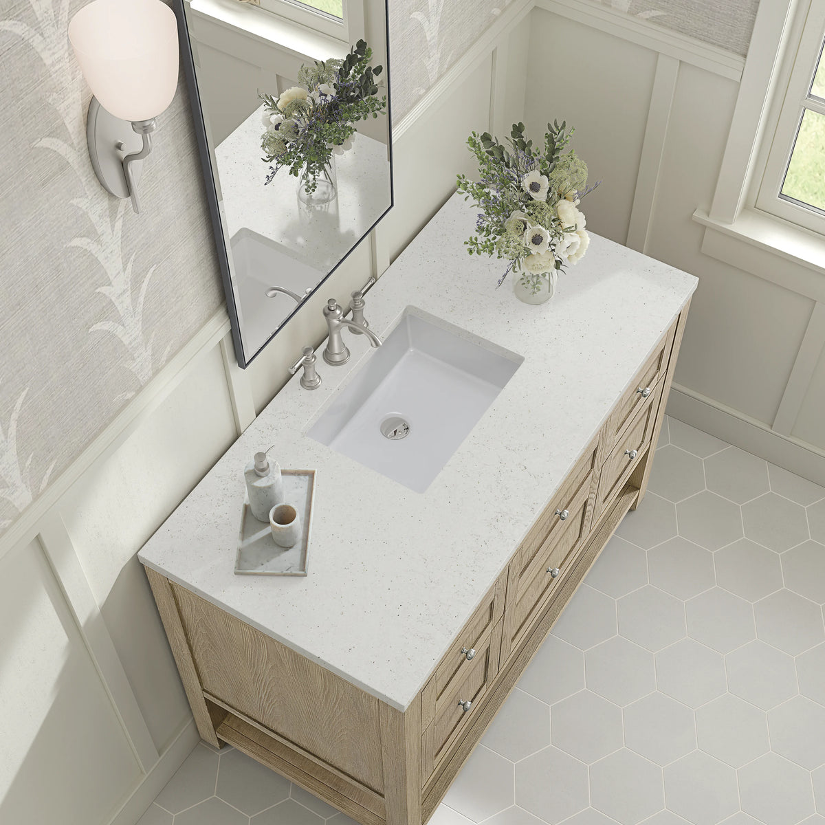 Breckenridge 48" Single Vanity, Whitewashed Oak w/ 3 CM Lime Delight Silestone Top, view 7