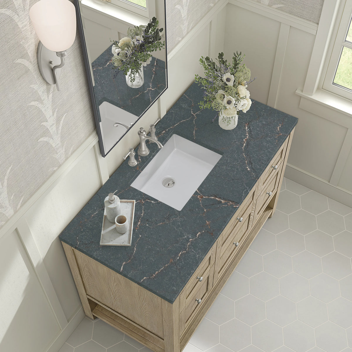 Breckenridge 48" Single Vanity, Whitewashed Oak w/ 3 CM Parisien Bleu Silestone Top, view 7