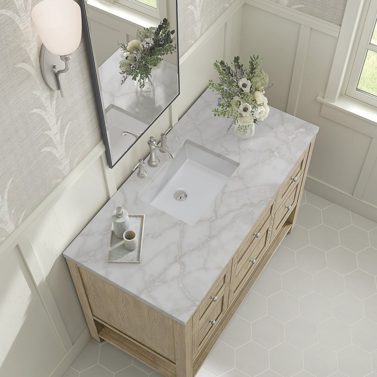 Breckenridge 48" Single Vanity, Whitewashed Oak w/ 3 CM Victorian Silver Silestone Top, view 7