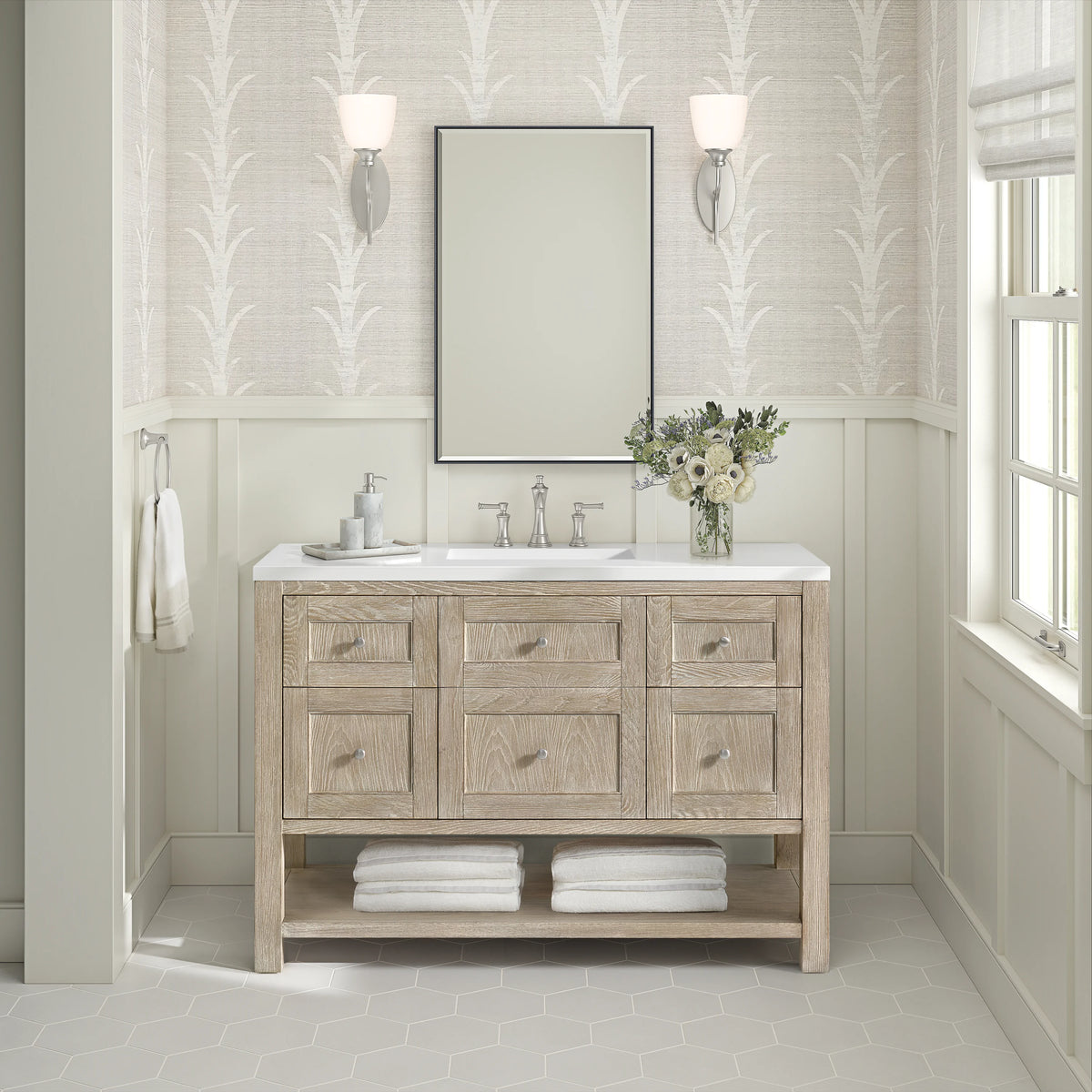 Breckenridge 48" Single Vanity, Whitewashed Oak w/ 3 CM White Zeus Silestone Top, view 3