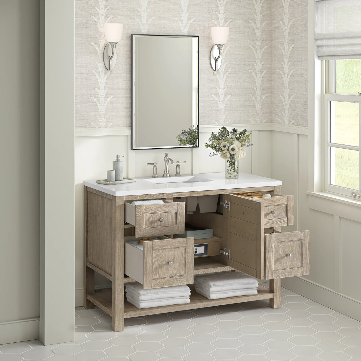 Breckenridge 48" Single Vanity, Whitewashed Oak w/ 3 CM White Zeus Silestone Top, view 5