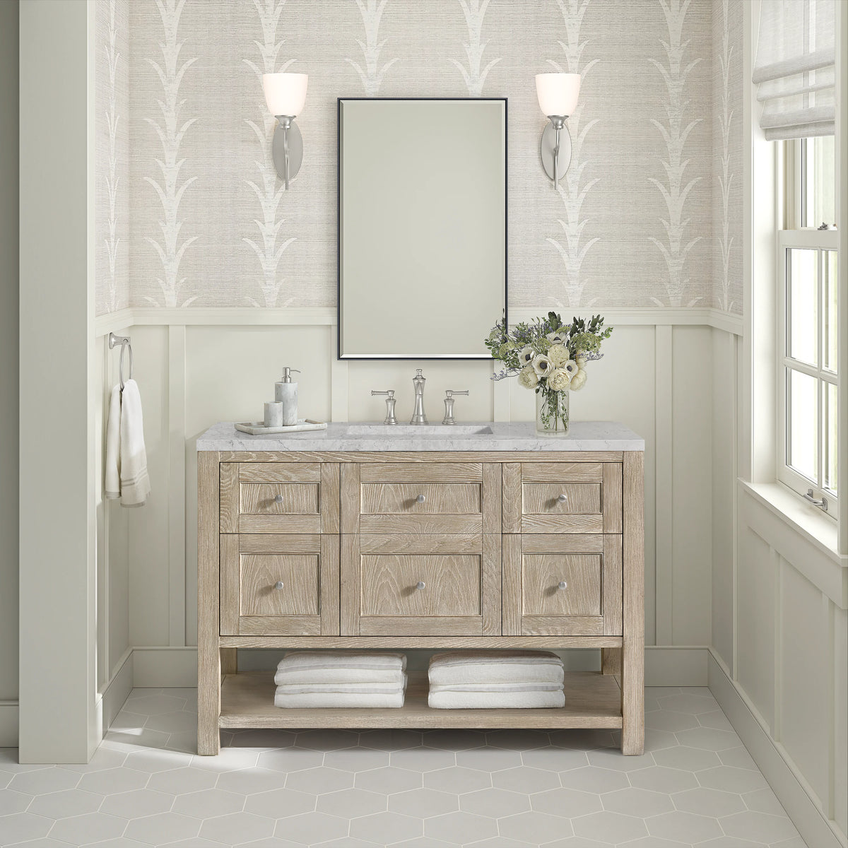 Breckenridge 48" Single Vanity, Whitewashed Oak w/ 3 CM Eternal Jasmine Pearl Silestone Top w/FreePower Wireles, view 6