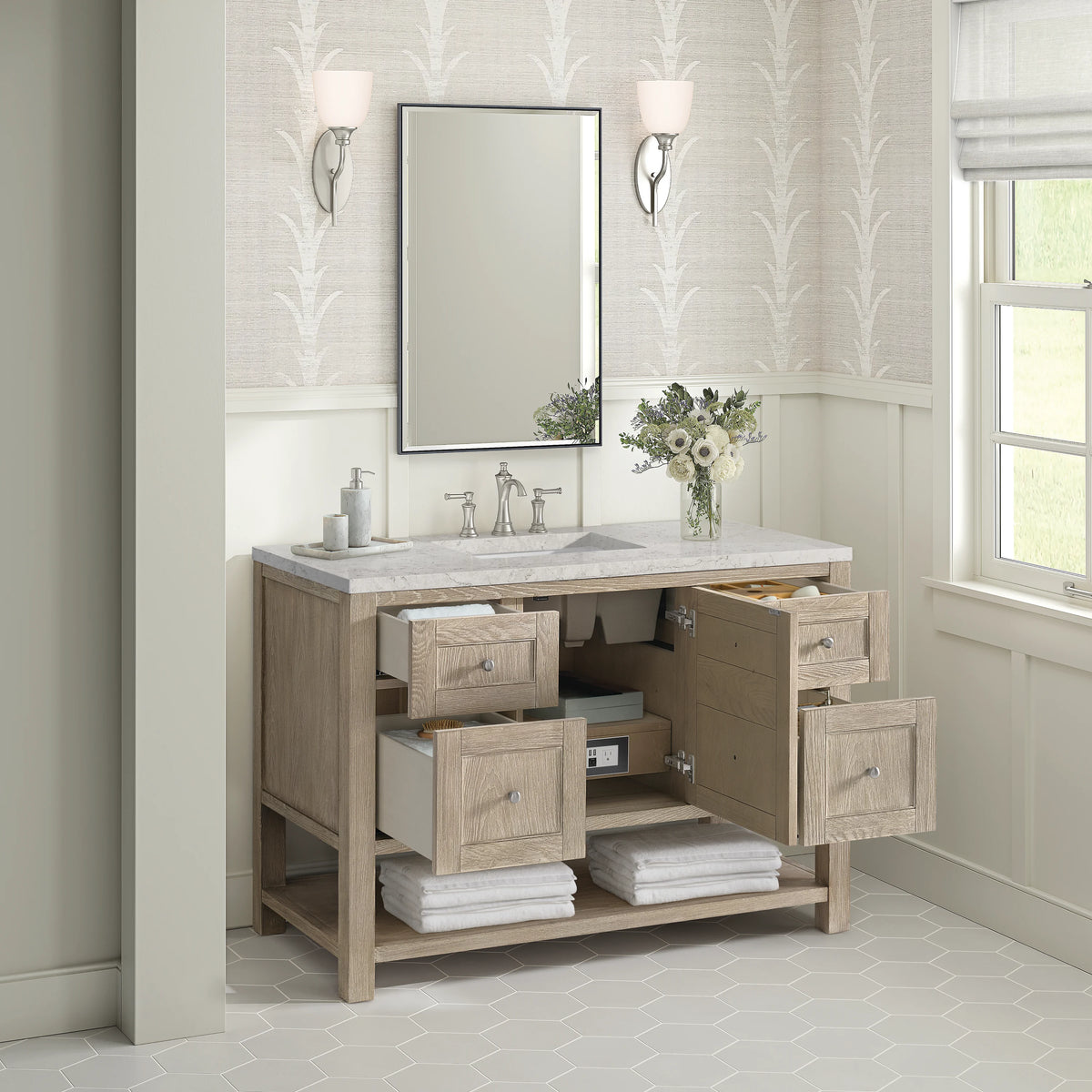 Breckenridge 48" Single Vanity, Whitewashed Oak w/ 3 CM Eternal Jasmine Pearl Silestone Top w/FreePower Wireles, view 8