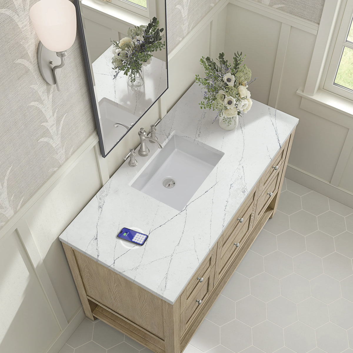 Breckenridge 48" Single Vanity, Whitewashed Oak w/ 3 CM Ethereal Noctis Silestone Top w/FreePower Wireless Cha, view 10