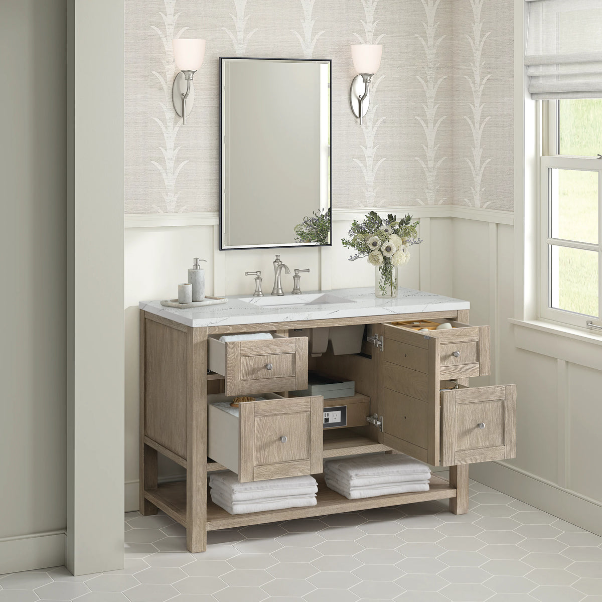 Breckenridge 48" Single Vanity, Whitewashed Oak w/ 3 CM Ethereal Noctis Silestone Top w/FreePower Wireless Char, view 8