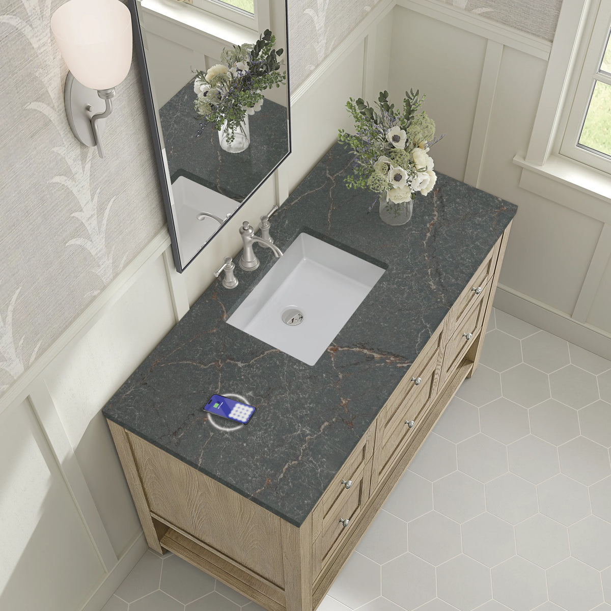 Breckenridge 48" Single Vanity, Whitewashed Oak w/ 3 CM Parisien Bleu Silestone Top w/FreePower Wireless Charg, view 10