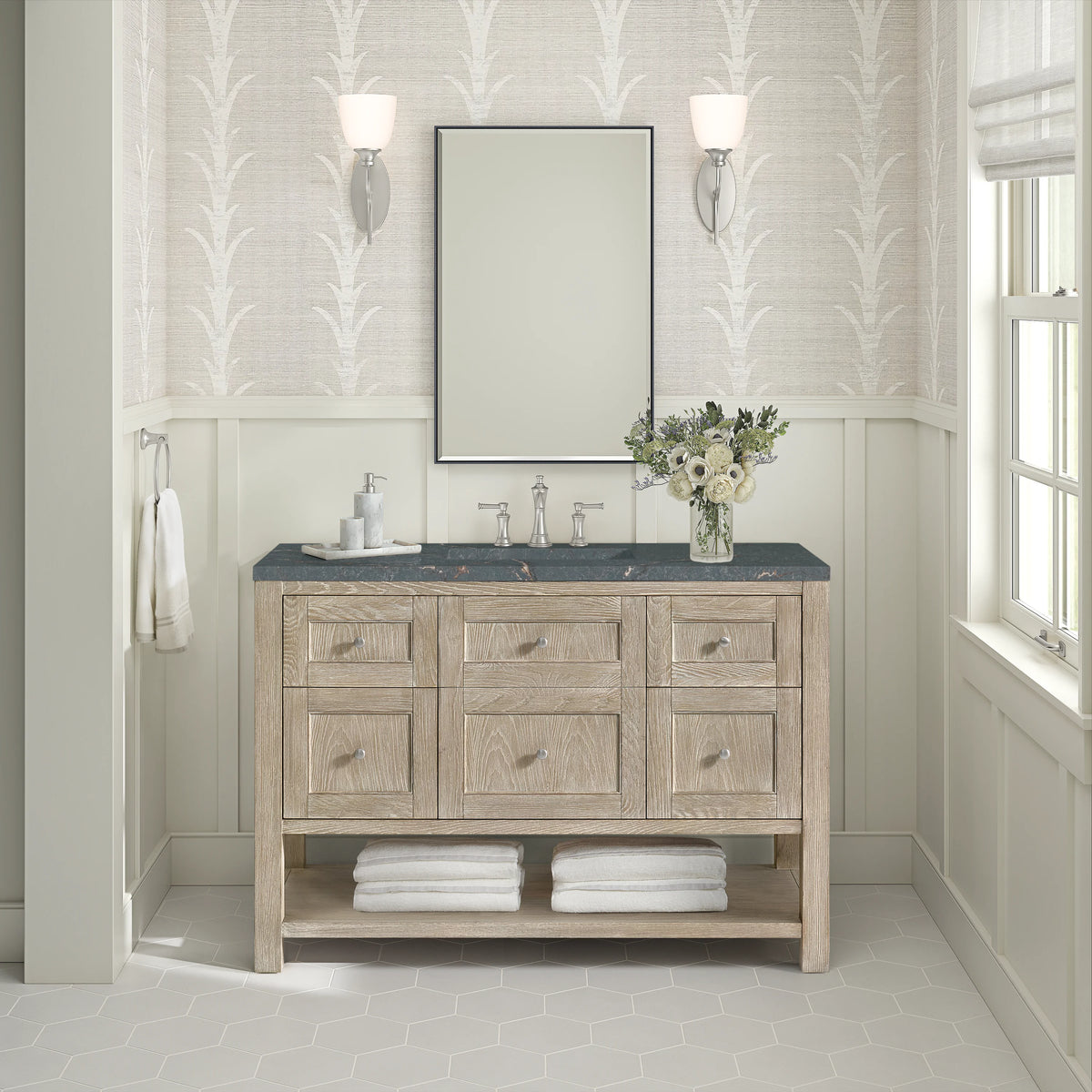 Breckenridge 48" Single Vanity, Whitewashed Oak w/ 3 CM Parisien Bleu Silestone Top w/FreePower Wireless Charger, view 6
