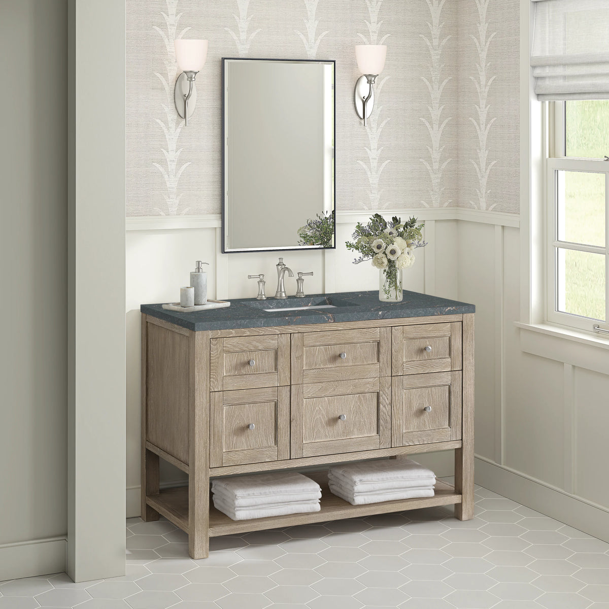 Breckenridge 48" Single Vanity, Whitewashed Oak w/ 3 CM Parisien Bleu Silestone Top w/FreePower Wireless Charger, view 7