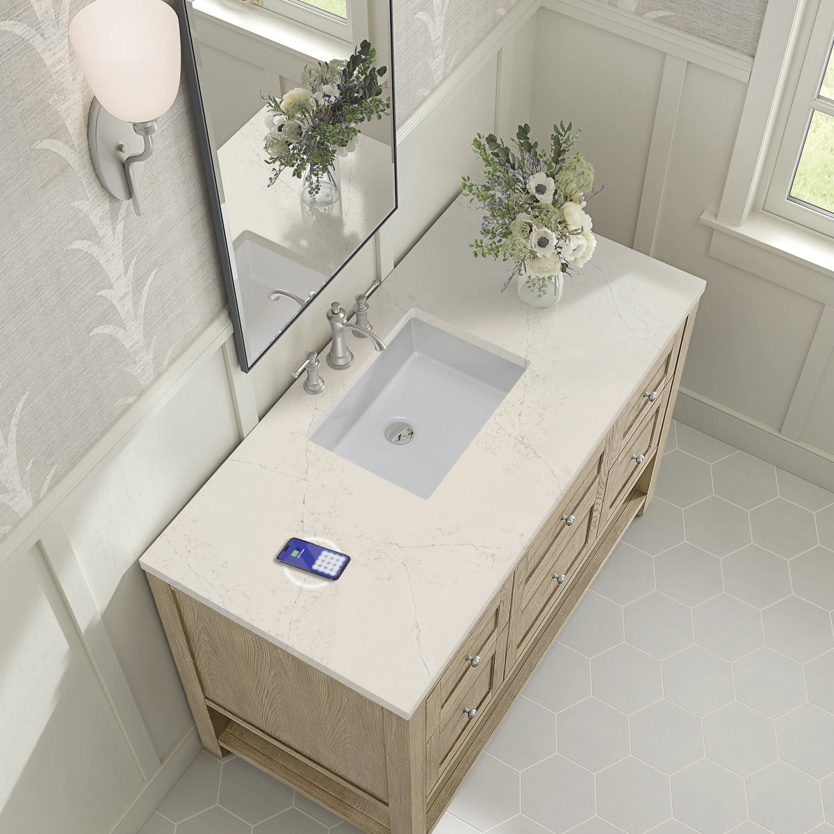 Breckenridge 48" Single Vanity, Whitewashed Oak, w/ 3 CM Siberian Silestone Top w/FreePower Wireless Charger, view 9