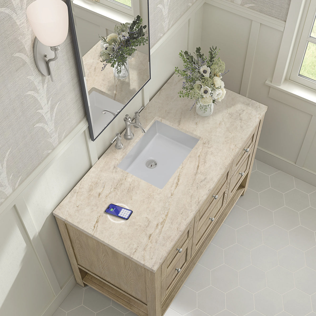 Breckenridge 48" Single Vanity, Whitewashed Oak, w/ 3 CM Tajnar Eclos Top w/FreePower Wireless Charger, view 9