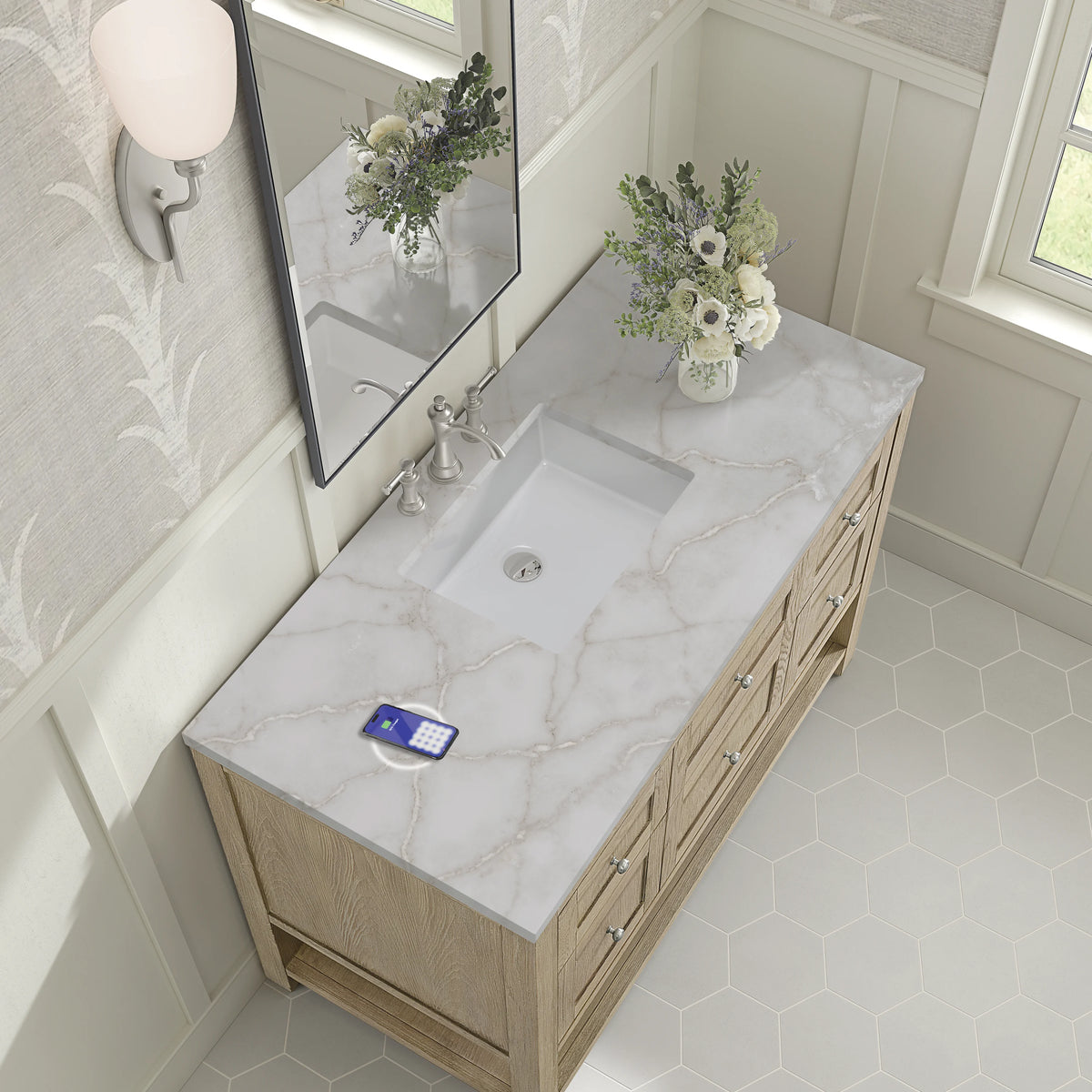 Breckenridge 48" Single Vanity, Whitewashed Oak w/ 3 CM Victorian Silver Silestone Top w/FreePower Wireless Ch, view 10