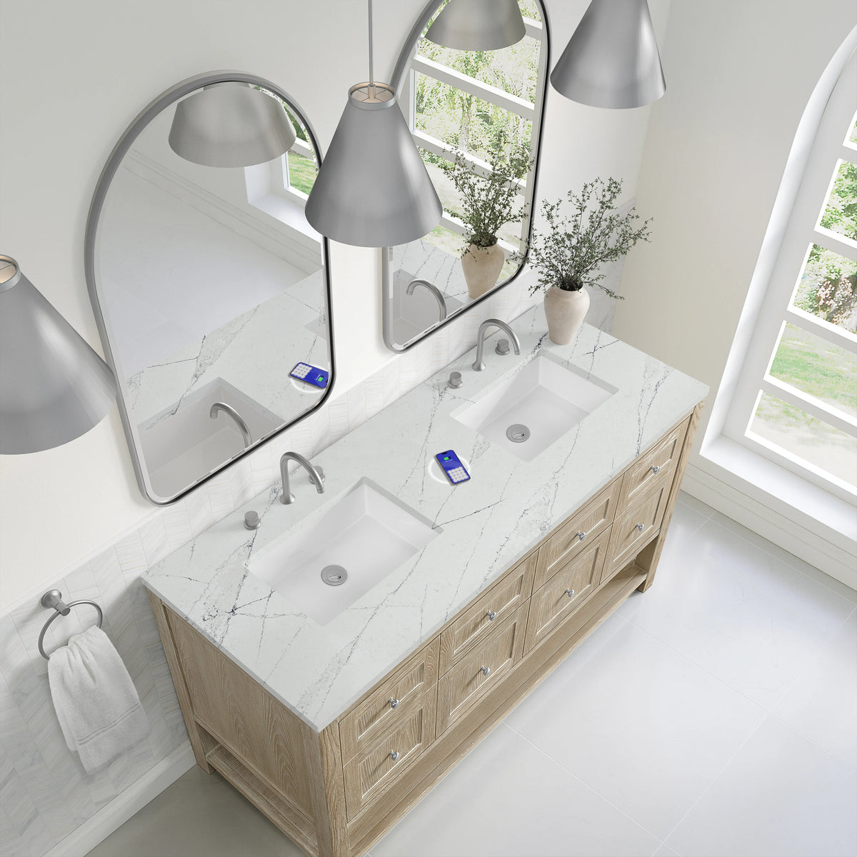 Breckenridge 60" Double Vanity, Whitewashed Oak, w/ 3 CM Ethereal Noctis Quartz Top w/FreePower Wireless Charg, view 10
