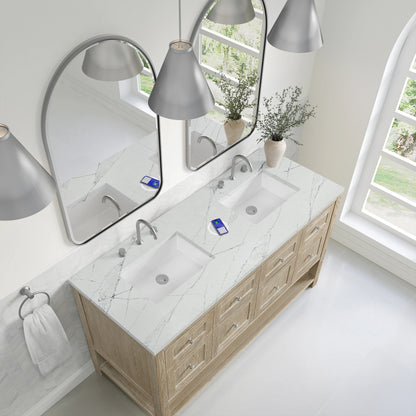 Breckenridge 60" Double Vanity, Whitewashed Oak, w/ 3 CM Ethereal Noctis Quartz Top w/FreePower Wireless Charg, view 10