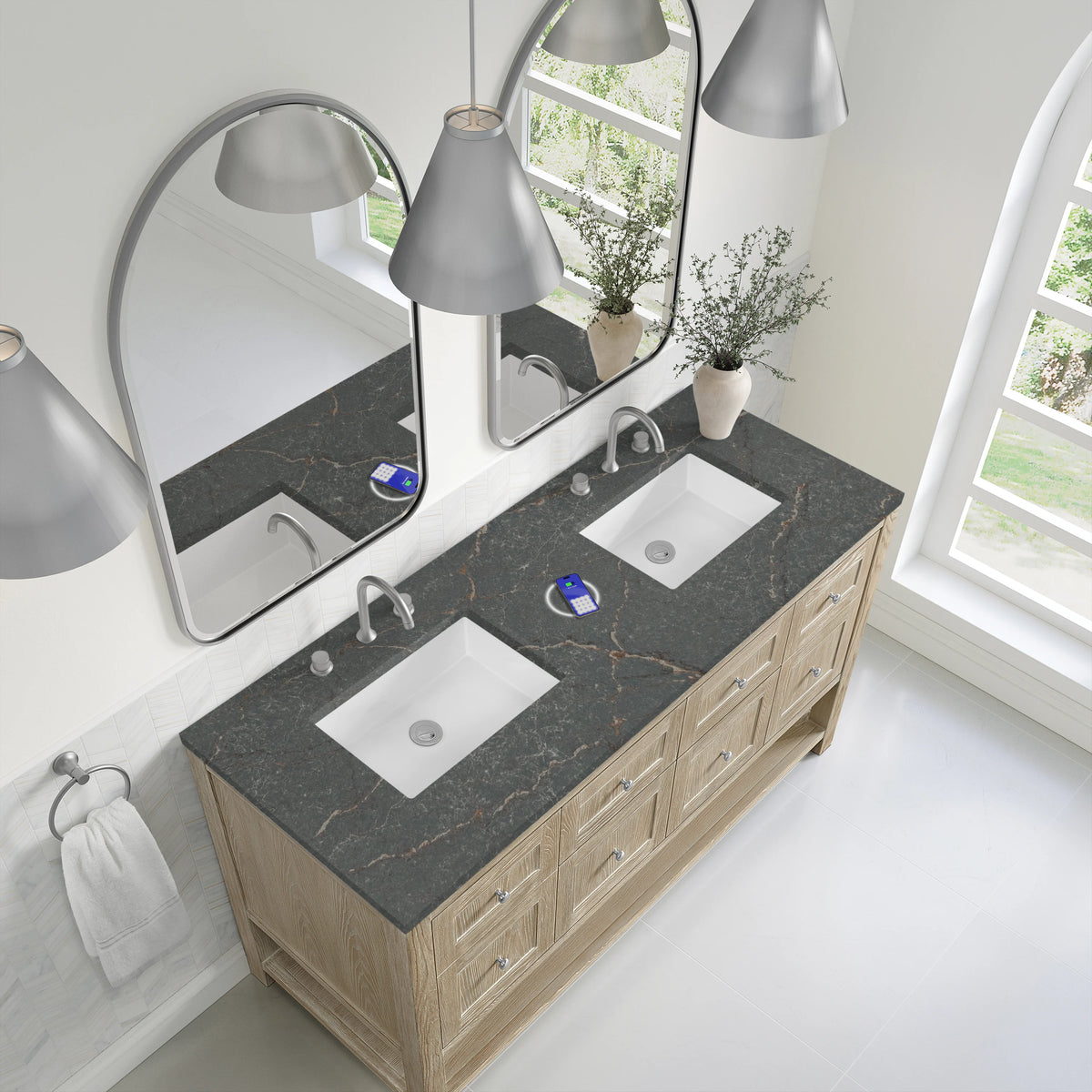 Breckenridge 60" Double Vanity, Whitewashed Oak w/ 3 CM Parisien Bleu Top w/FreePower Wireless Charger, view 10