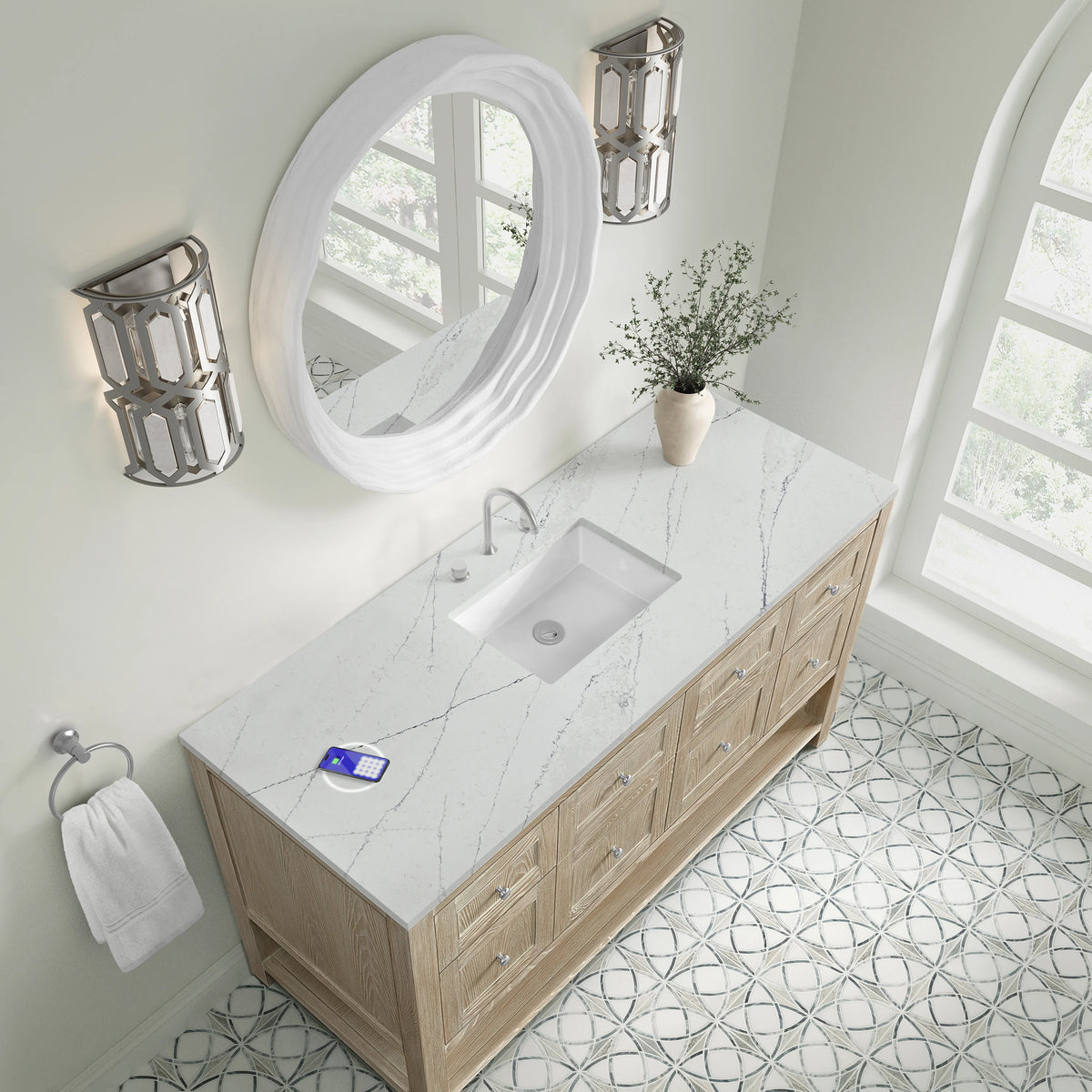 Breckenridge 60" Single Vanity, Whitewashed Oak, w/ 3 CM Ethereal Noctis Silestone Top w/ FreePower Wireless C, view 10