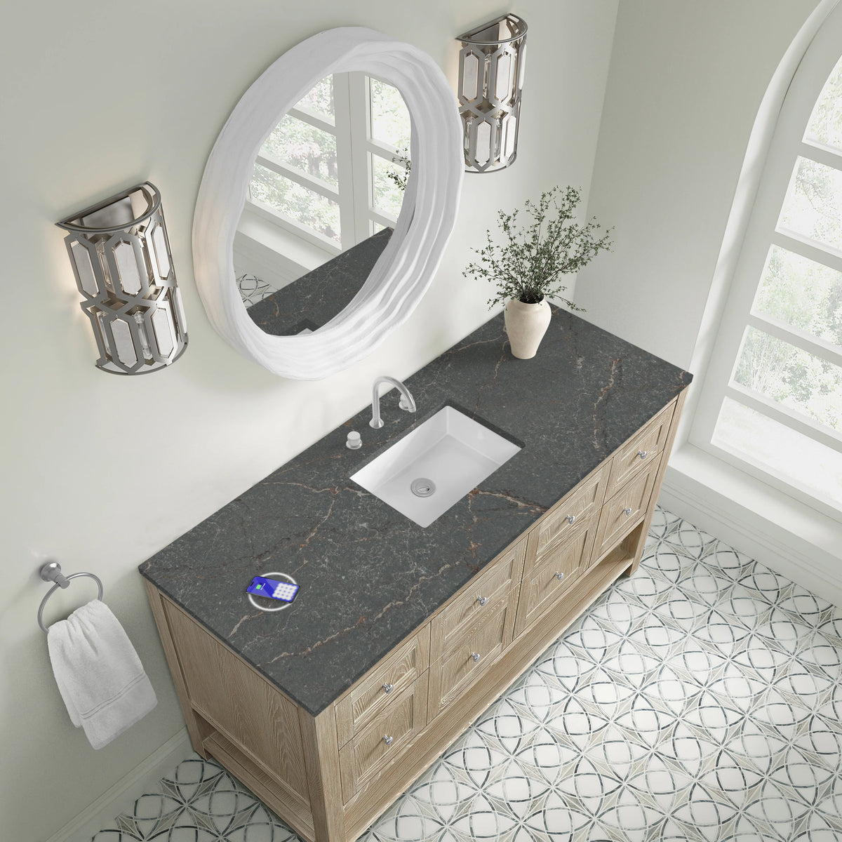 Breckenridge 60" Single Vanity, Whitewashed Oak w/ 3 CM Parisien Bleu Top w/ FreePower Wireless Charger, view 10
