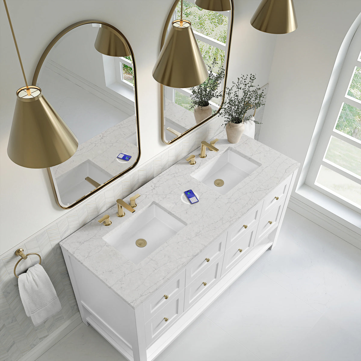 Breckenridge 60" Double Vanity, Bright White, w/ 3 CM Eternal Jasmine Pearl Quartz Top w/FreePower Wireless Ch, view 10