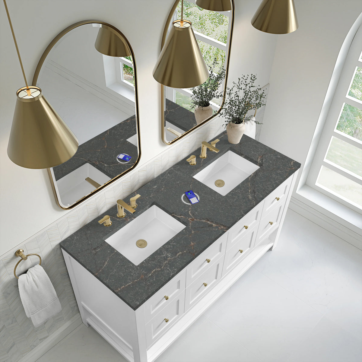 Breckenridge 60" Double Vanity, Bright White, w/ 3 CM Parisien Bleu Quartz Top w/FreePower Wireless Charger, view 10