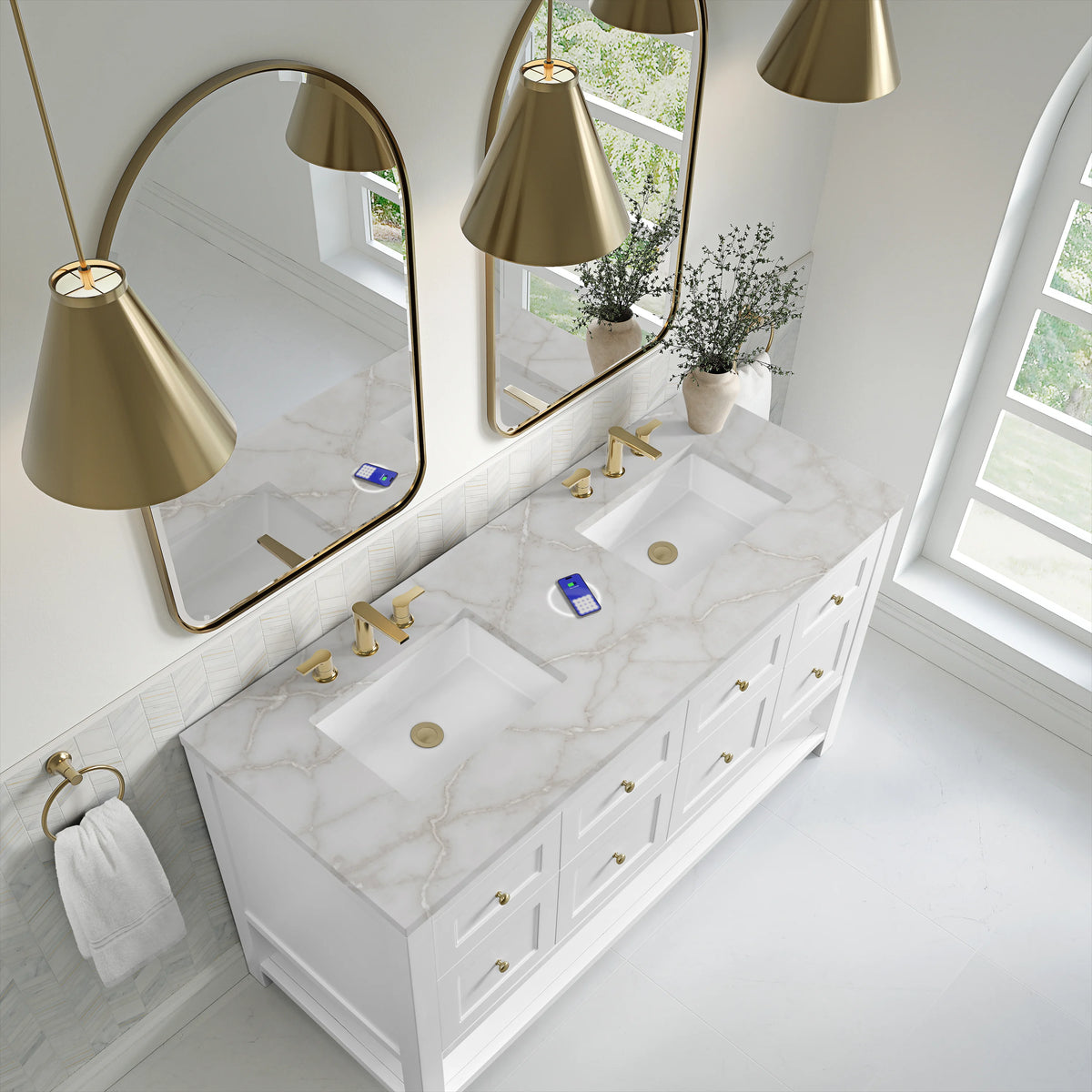 Breckenridge 60" Double Vanity, Bright White, w/ 3 CM Victorian Silver Quartz Top w/FreePower Wireless Charger, view 10