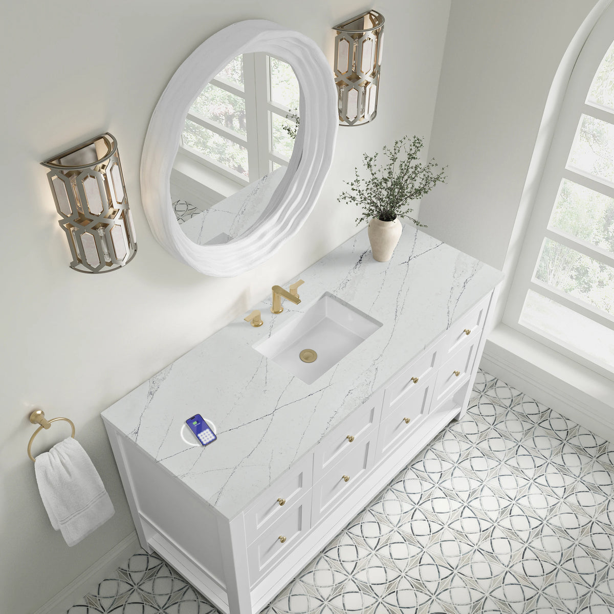 Breckenridge 60" Single Vanity, Bright White, w/ 3 CM Ethereal Noctis Silestone Top w/ FreePower Wireless Char, view 10