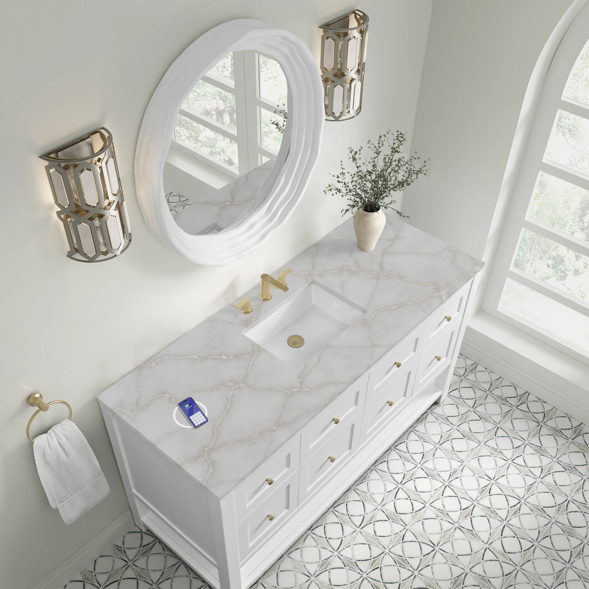 Breckenridge 60" Single Vanity, Bright White, w/ 3 CM Victorian Silver Silestone Top w/ FreePower Wireless Cha, view 10