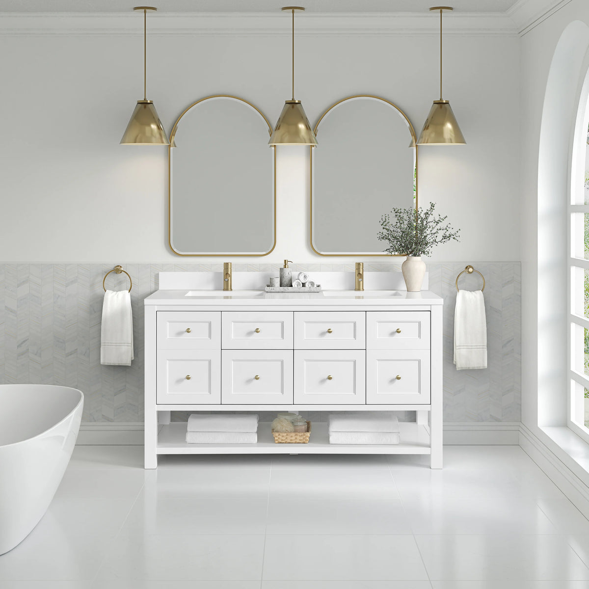 Breckenridge 60" Double Vanity, Bright White, w/ Single Hole 3 CM White Zeus Quartz Top & Backsplash, view 3