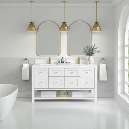 Breckenridge 60" Double Vanity, Bright White, w/ Single Hole 3 CM White Zeus Quartz Top & Backsplash, view 3