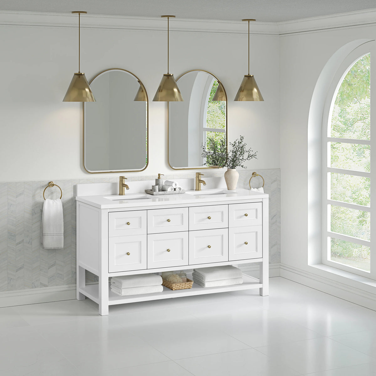 Breckenridge 60" Double Vanity, Bright White, w/ Single Hole 3 CM White Zeus Quartz Top & Backsplash, view 4
