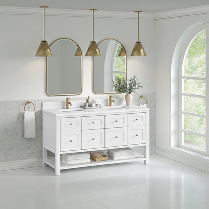 Breckenridge 60" Double Vanity, Bright White, w/ Single Hole 3 CM White Zeus Quartz Top & Backsplash, view 4