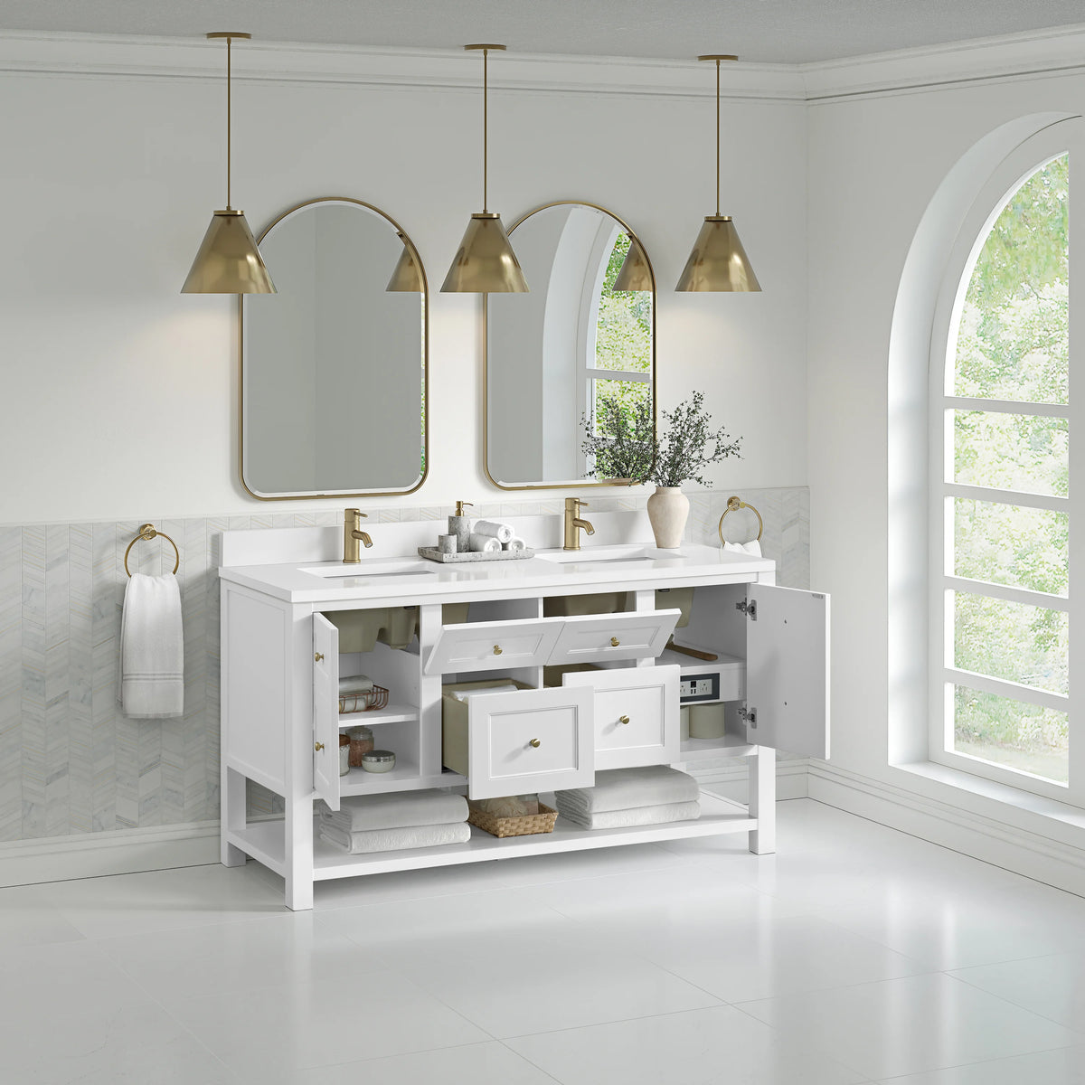 Breckenridge 60" Double Vanity, Bright White, w/ Single Hole 3 CM White Zeus Quartz Top & Backsplash, view 5
