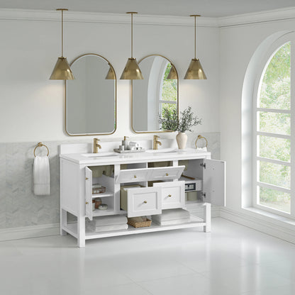 Breckenridge 60" Double Vanity, Bright White, w/ Single Hole 3 CM White Zeus Quartz Top & Backsplash, view 5