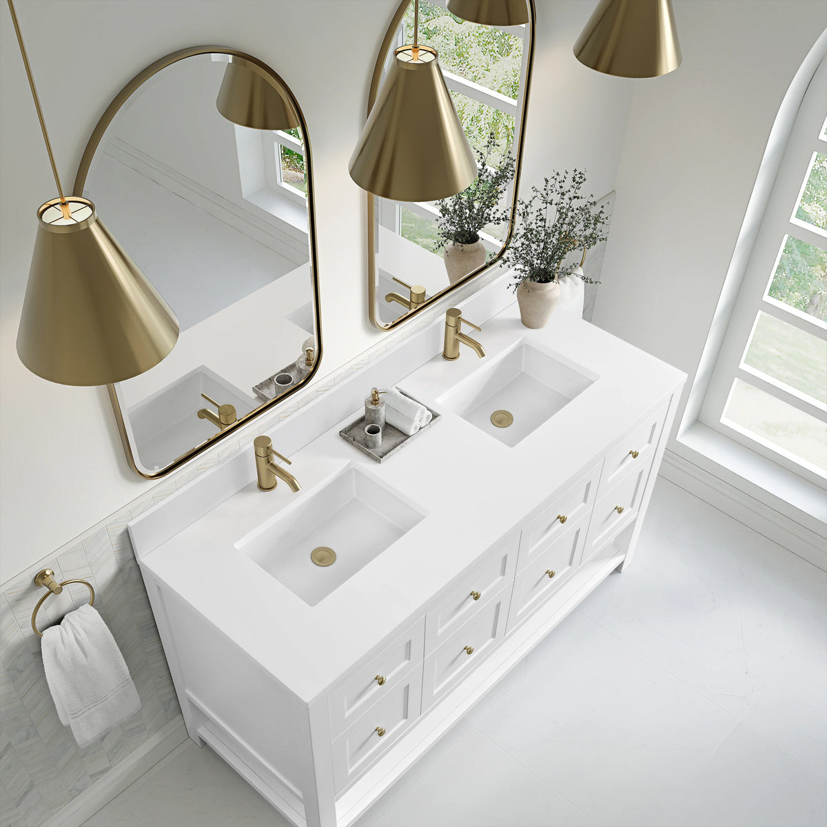 Breckenridge 60" Double Vanity, Bright White, w/ Single Hole 3 CM White Zeus Quartz Top & Backsplash, view 7