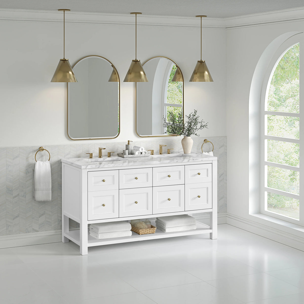 Breckenridge 60" Double Vanity, Bright White, w/ 3 CM Carrara Marble Top, view 4