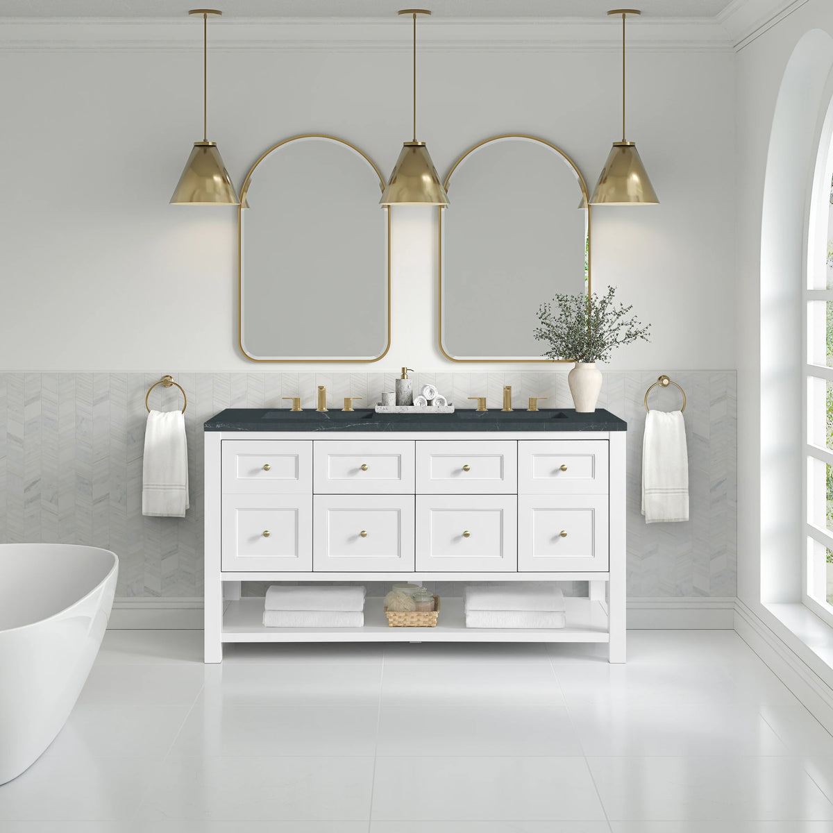 Breckenridge 60" Double Vanity, Bright White, w/ 3 CM Charcoal Soapstone Quartz Top, view 3