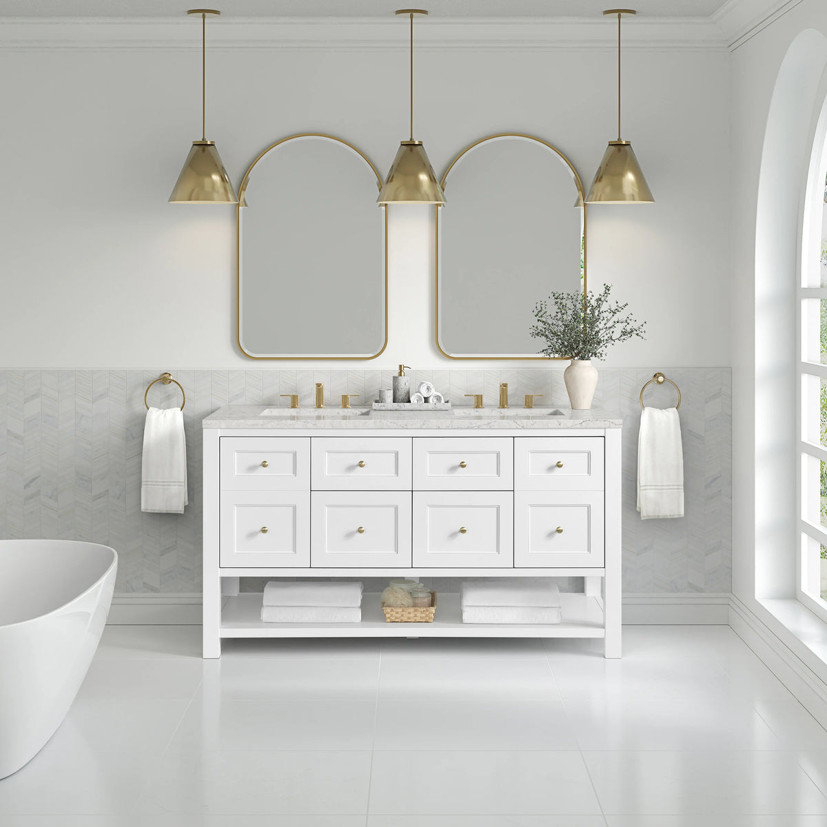 Breckenridge 60" Double Vanity, Bright White, w/ 3 CM Eternal Jasmine Pearl Quartz Top, view 3