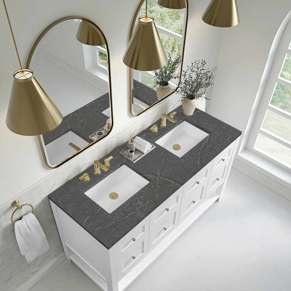 Breckenridge 60" Double Vanity, Bright White, w/ 3 CM Parisien Bleu Quartz Top, view 7