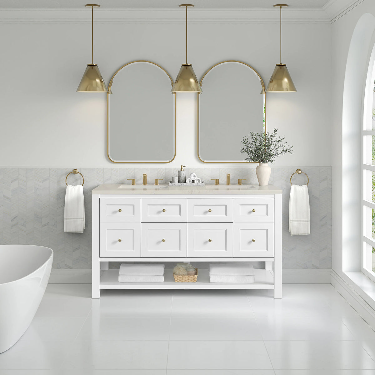 Breckenridge 60" Double Vanity, Bright White, w/ 3 CM Siberian Silestone Top, view 3