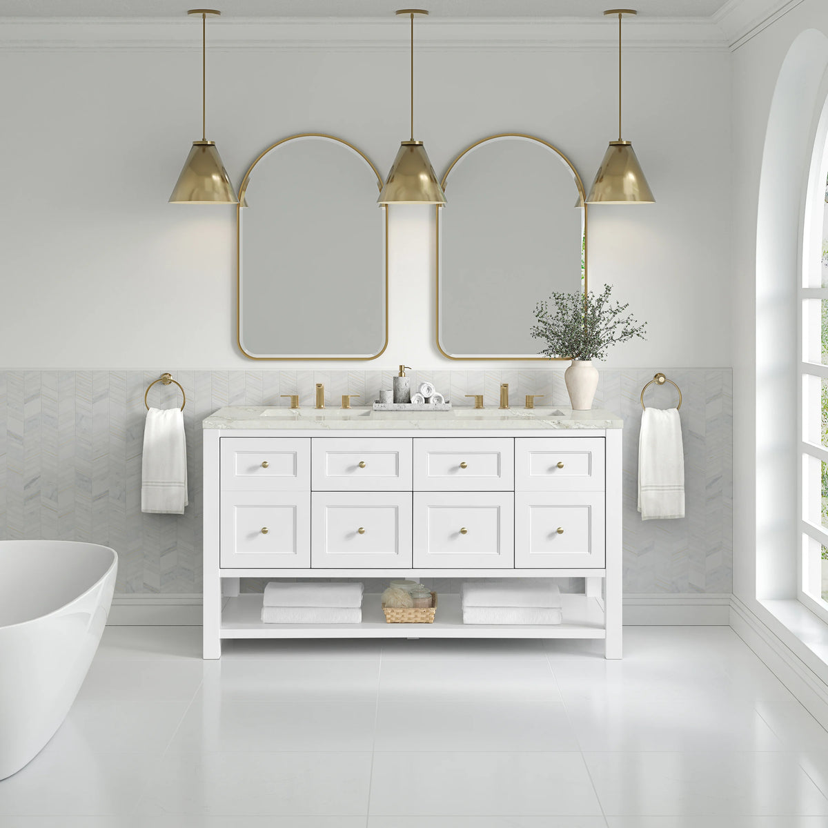 Breckenridge 60" Double Vanity, Bright White, w/ 3 CM Victorian Silver Quartz Top, view 3