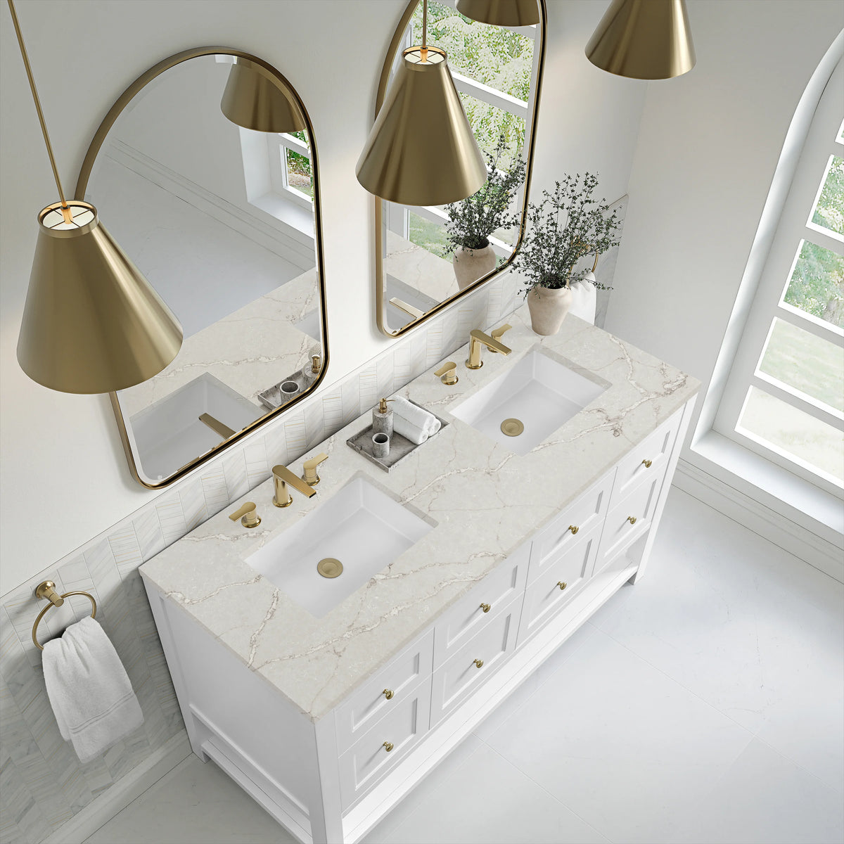 Breckenridge 60" Double Vanity, Bright White, w/ 3 CM Victorian Silver Quartz Top, view 7