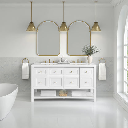 Breckenridge 60" Double Vanity, Bright White, w/ 3 CM White Zeus Quartz Top, view 3