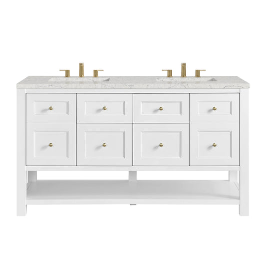 Breckenridge 60" Double Vanity, Bright White, w/ 3 CM Eternal Jasmine Pearl Quartz Top w/FreePower Wireless Charger