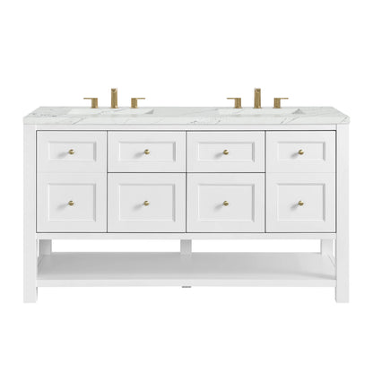 Breckenridge 60" Double Vanity, Bright White, w/ 3 CM Ethereal Noctis Quartz Top w/FreePower Wireless Charger