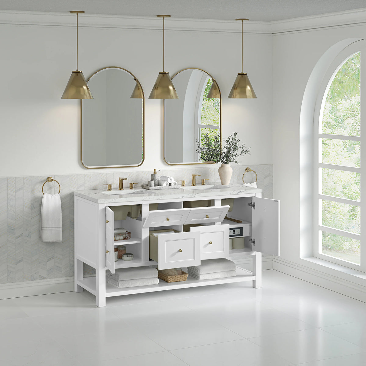 Breckenridge 60" Double Vanity, Bright White, w/ 3 CM Ethereal Noctis Quartz Top w/FreePower Wireless Charger, view 8
