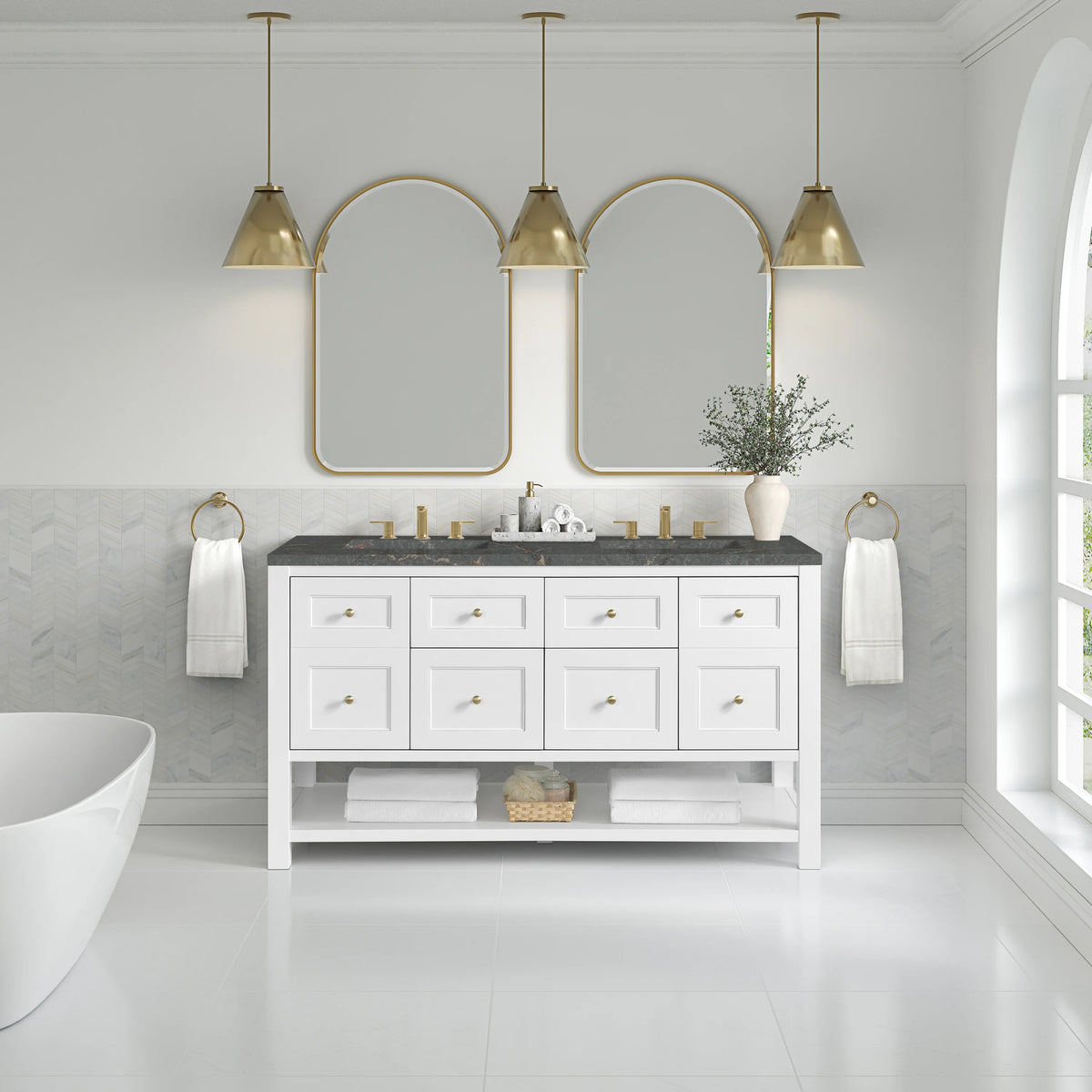 Breckenridge 60" Double Vanity, Bright White, w/ 3 CM Parisien Bleu Quartz Top w/FreePower Wireless Charger, view 6