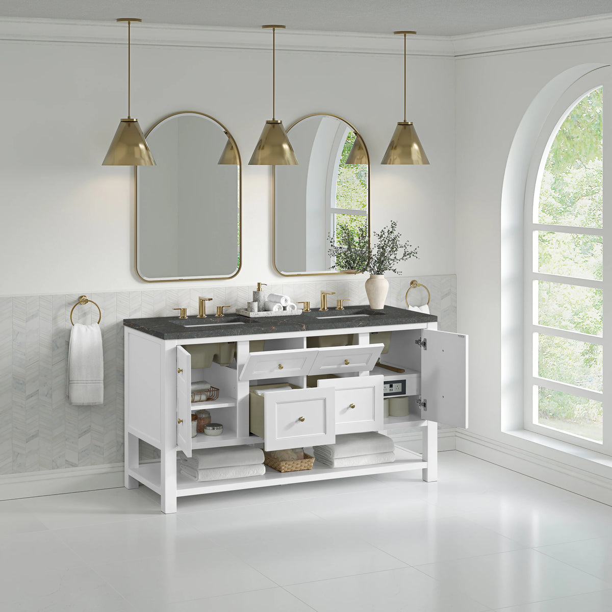 Breckenridge 60" Double Vanity, Bright White, w/ 3 CM Parisien Bleu Quartz Top w/FreePower Wireless Charger, view 8