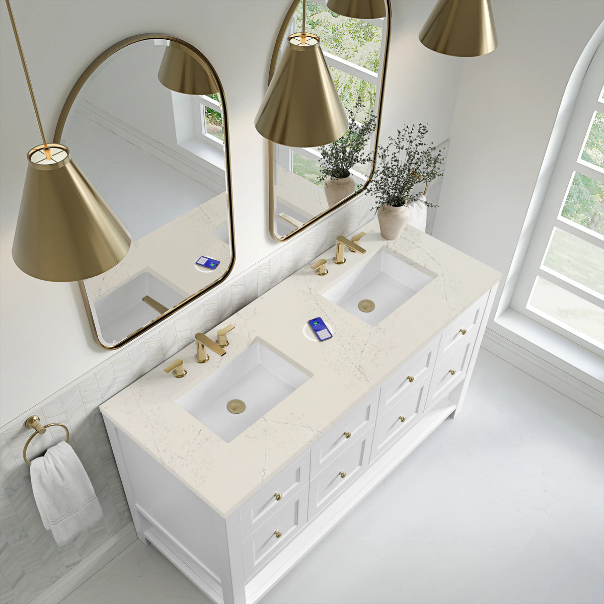 Breckenridge 60" Double Vanity, Bright White, w/ 3 CM Siberian Silestone Top w/FreePower Wireless Charger, view 9