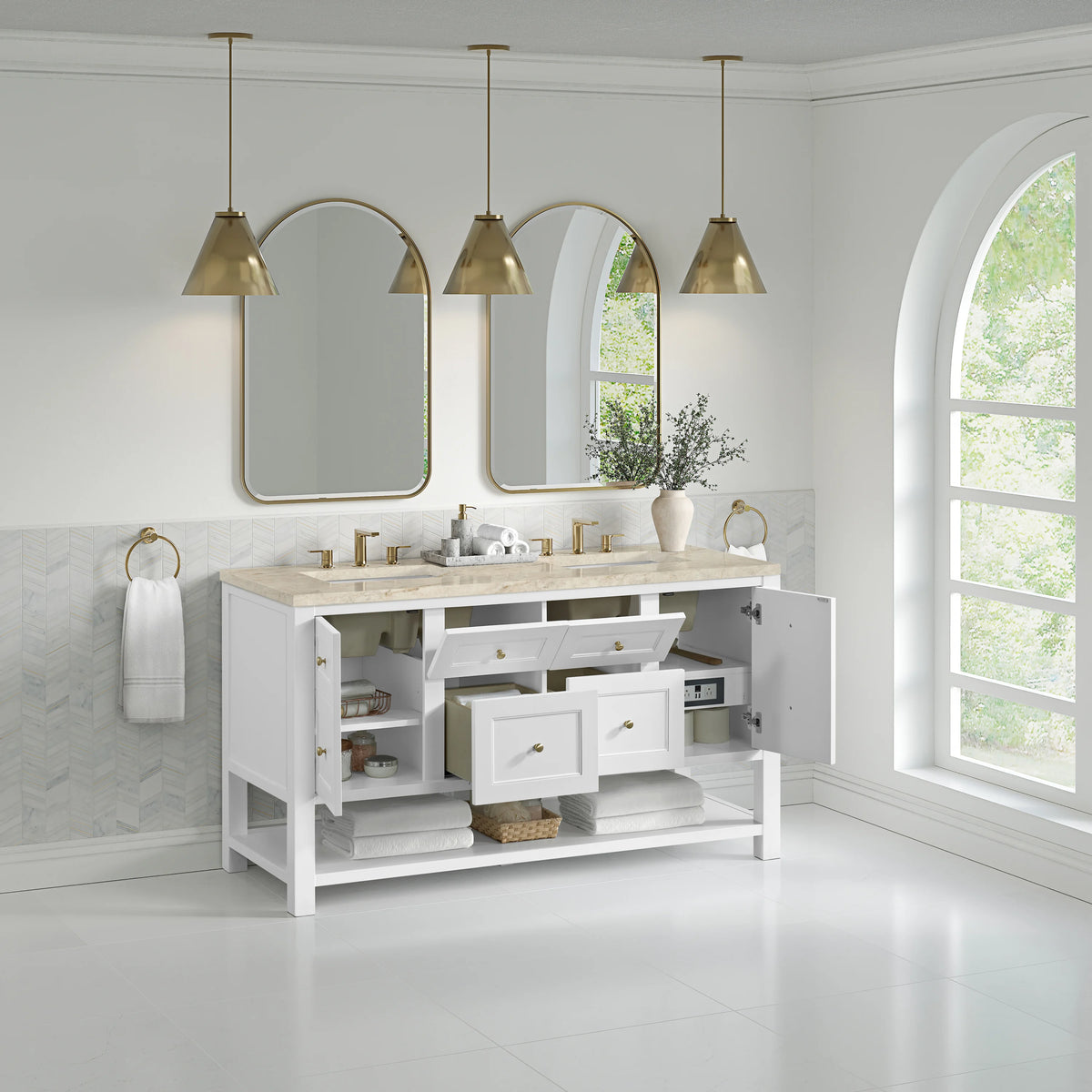 Breckenridge 60" Double Vanity, Bright White, w/ 3 CM Tajnar Eclos Top w/FreePower Wireless Charger, view 7